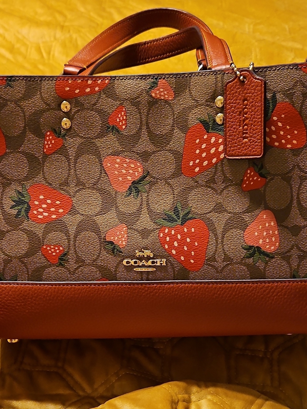 Coach Brown Signature Tote with Red Strawberry Print